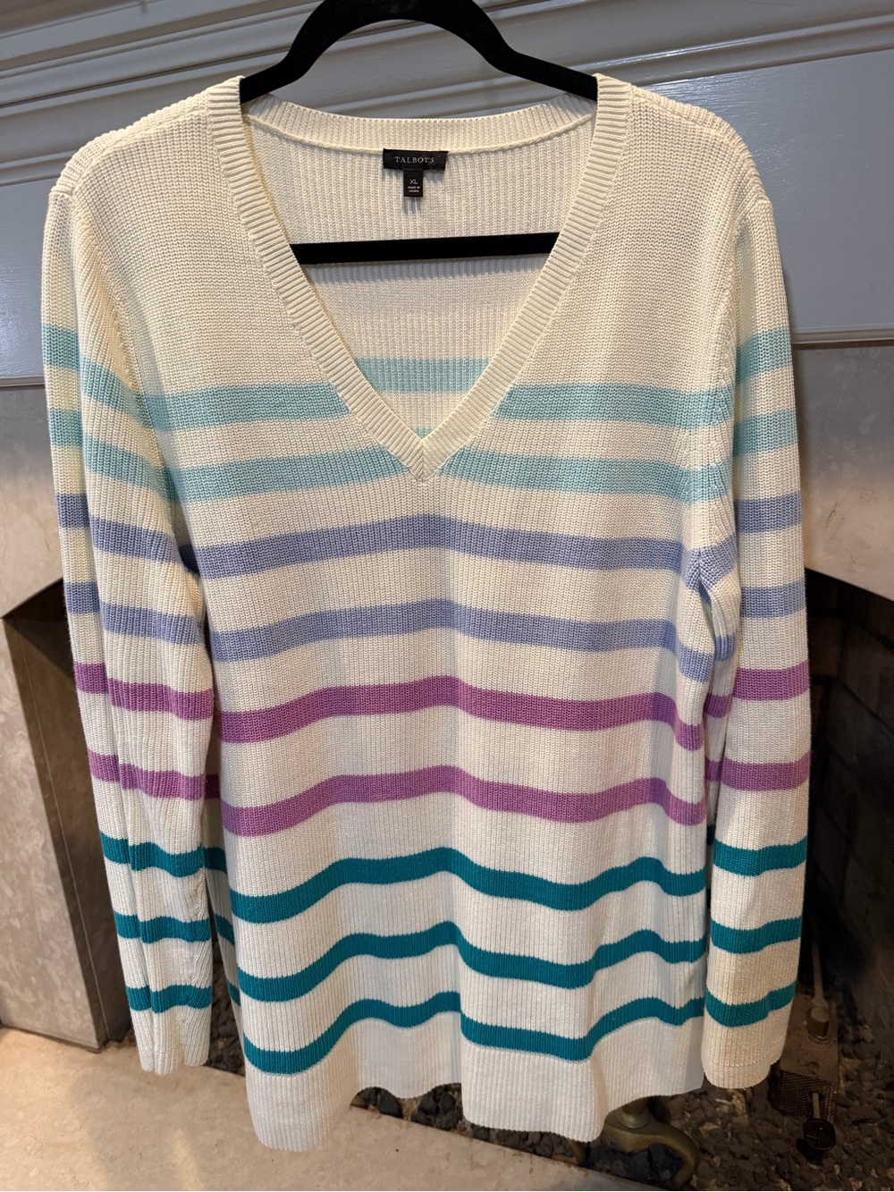 Talbots Cream V-Neck Sweater w/ Pastel Blue, Lavender, Teal & Purple Stripes XL